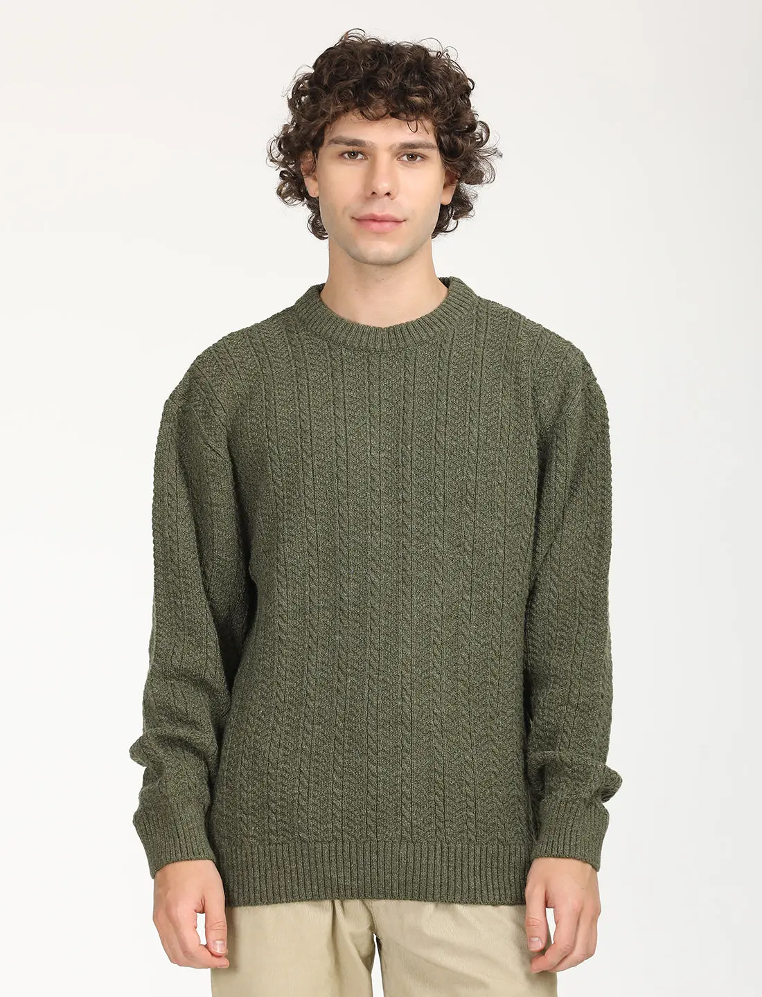 Men's Solid Olive Crew Neck Sweater 1