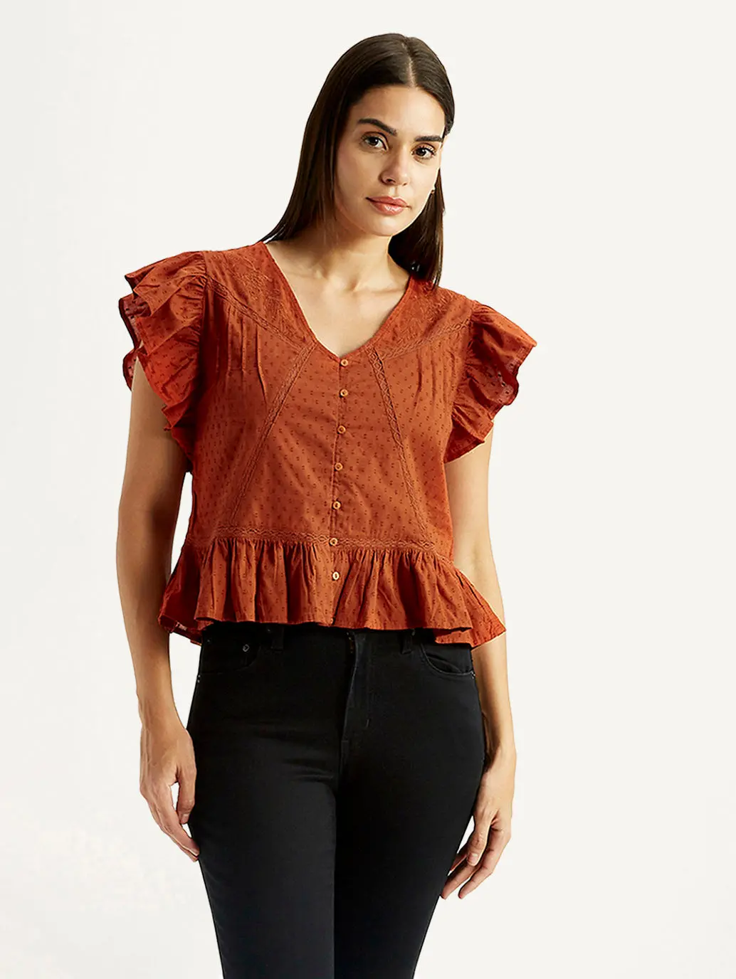 Women's Self Design Rust V-Neck Top 1