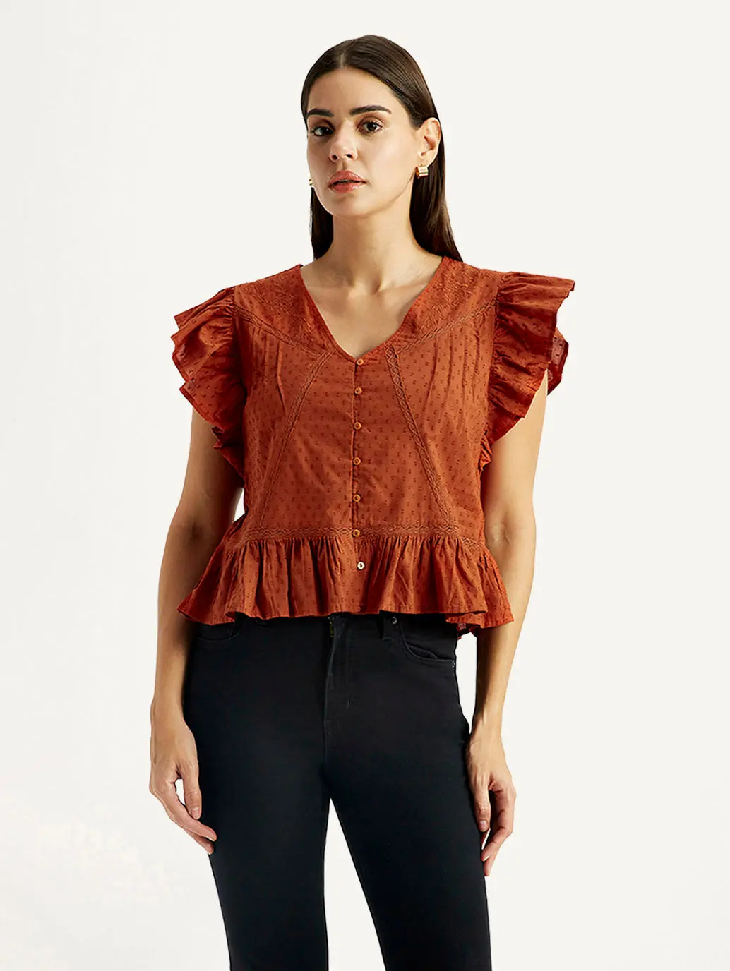 Women's Self Design Rust V-Neck Top 2