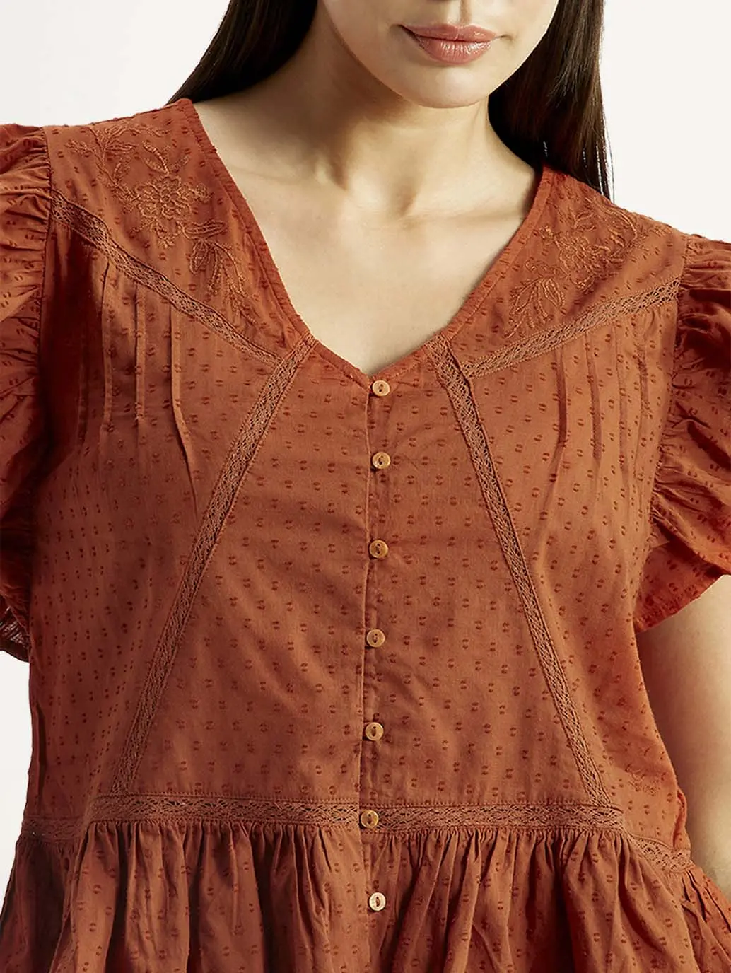 Women's Self Design Rust V-Neck Top 4
