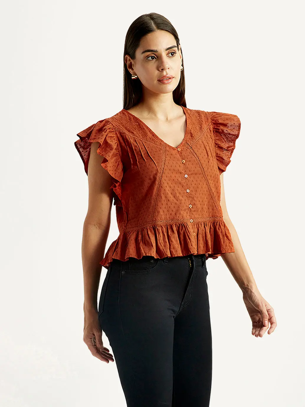 Women's Self Design Rust V-Neck Top 5