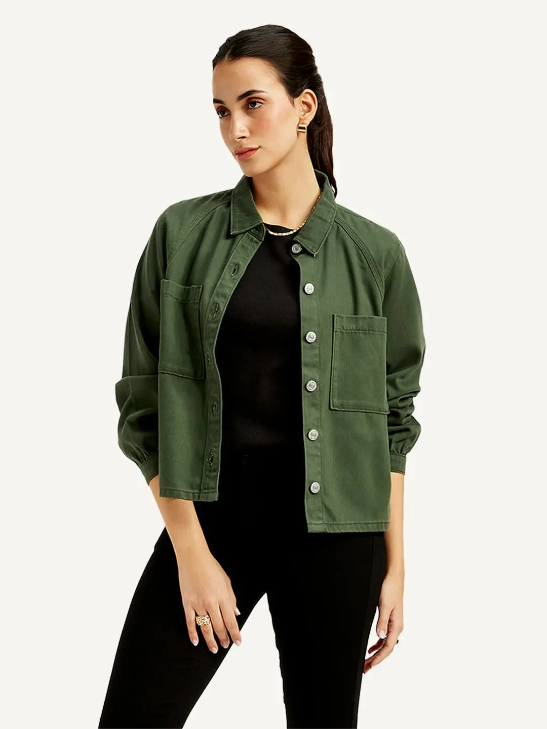 Women's Solid Olive Spread Collar Jacket 1