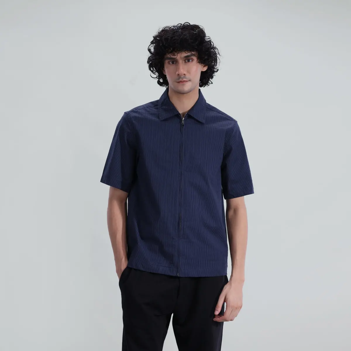 Seersucker Striped Zipper Shirt 1