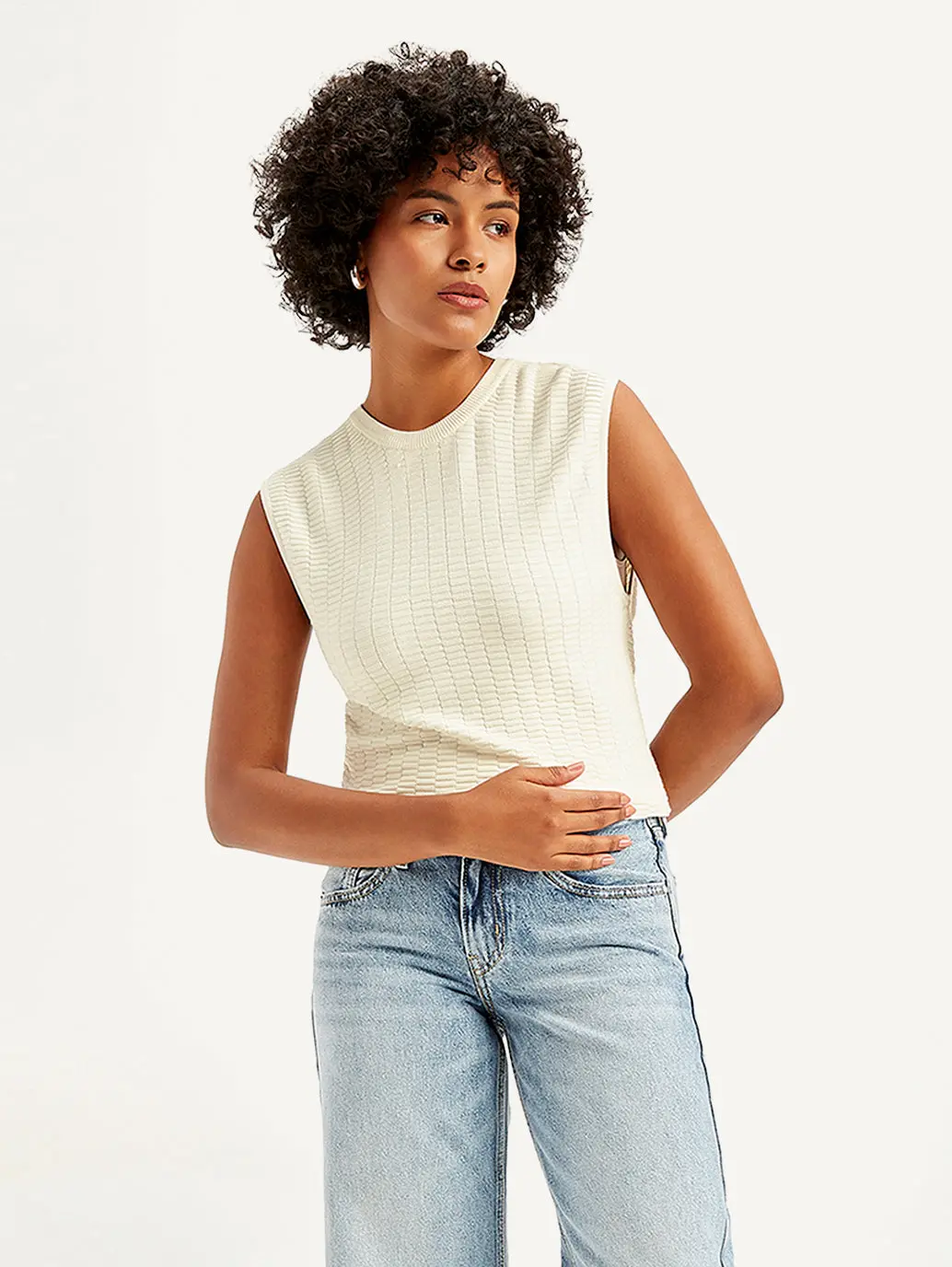 Women's Textured White Crew Neck Top 1