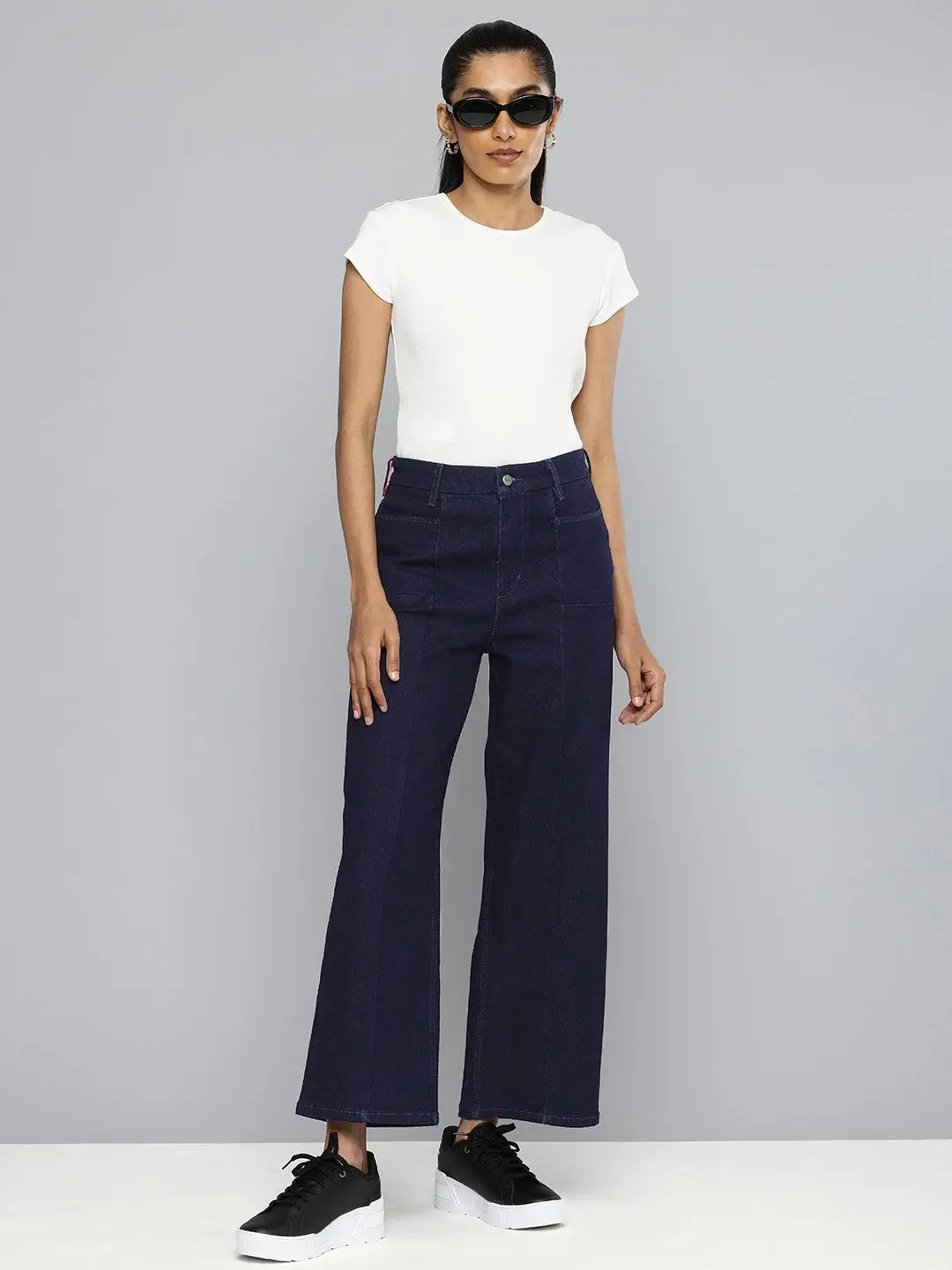 Women's Redloop Navy Blue Mile High Wide Leg Fit High Rise Jeans 1