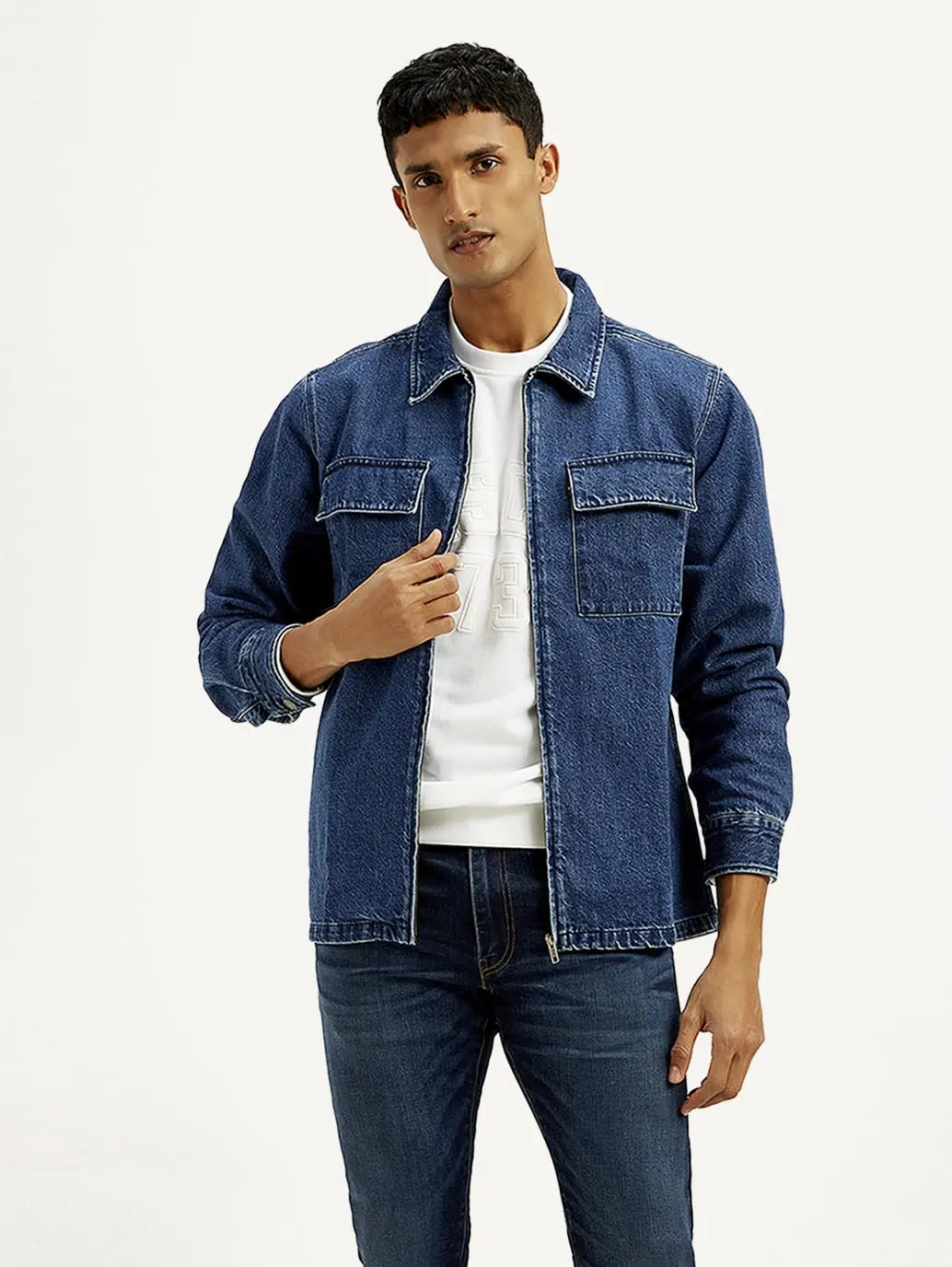 Men's Solid Relaxed Fit Zip Front Denim Shacket 1