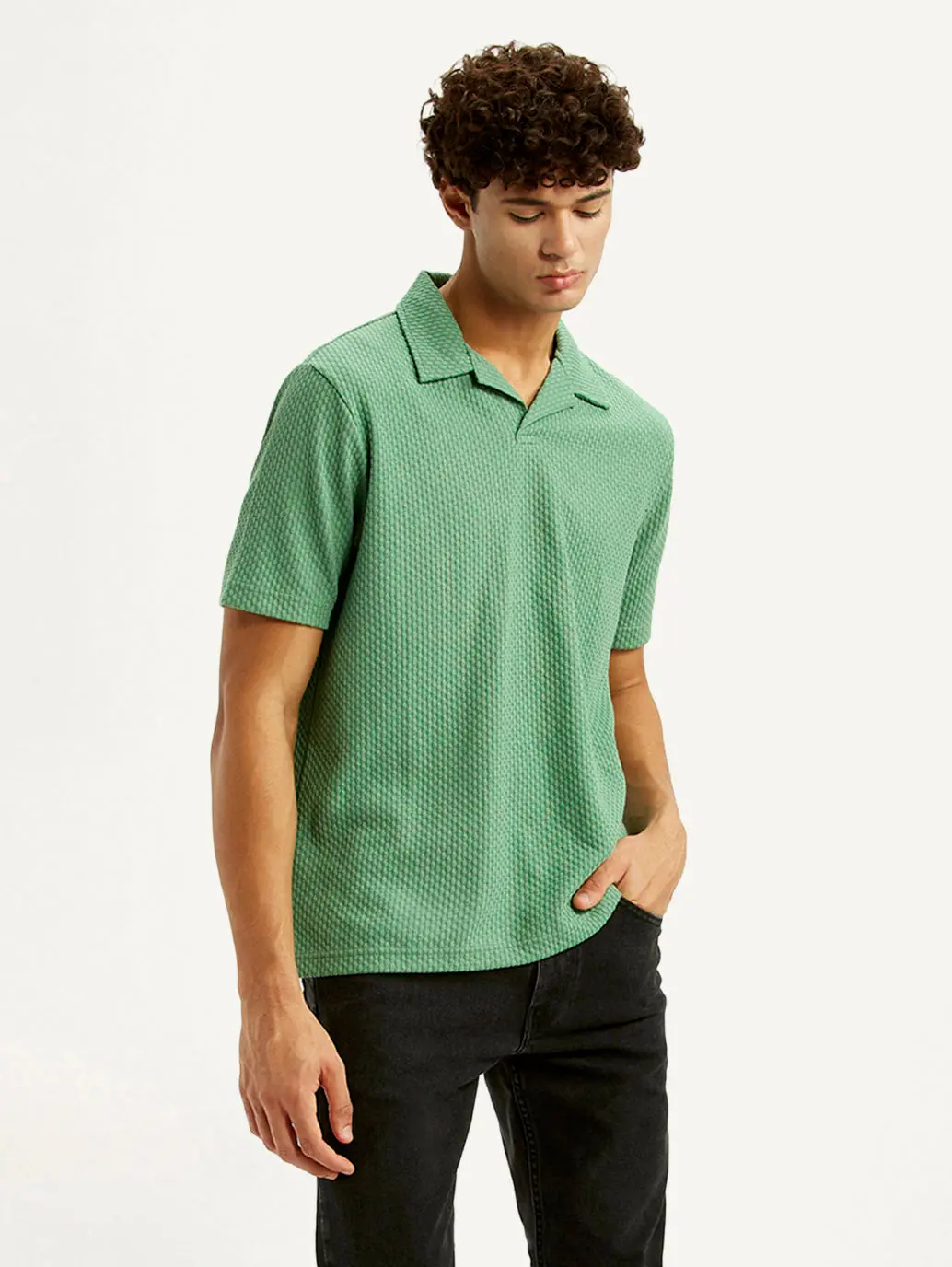 Men's Textured Green Slim Fit Polo T-Shirt 1