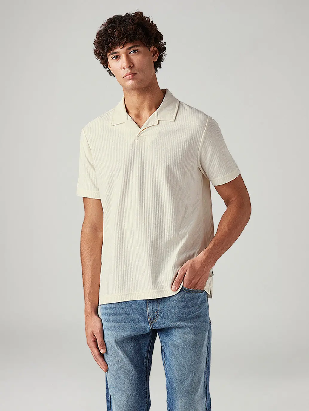 Men's Textured Cream Collar Neck Textured Polo T-Shirt 1