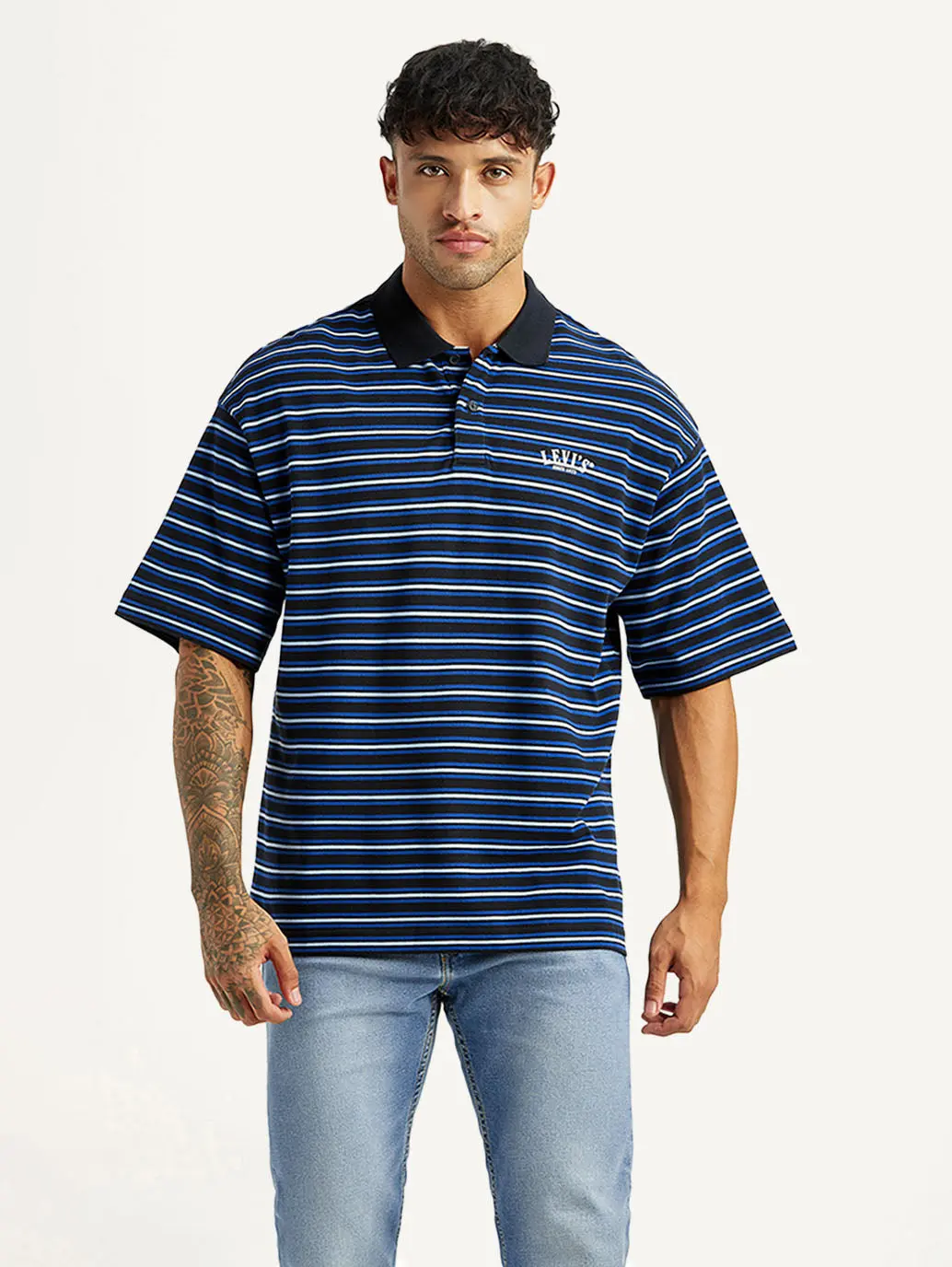 Men's Striped Blue Loose Fit Polo T-Shirt 2