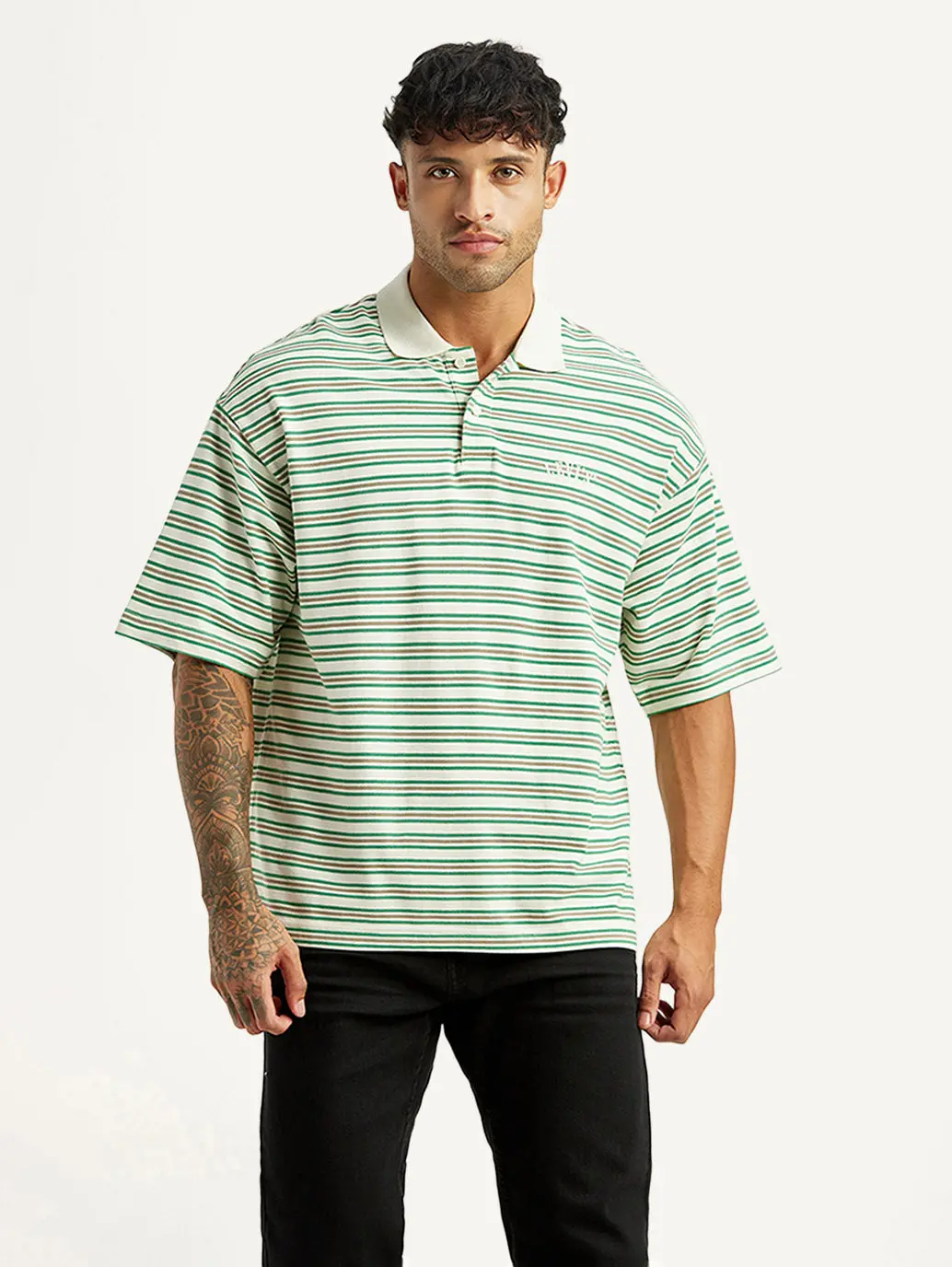 Men's Striped Light Green Loose Fit Polo T-Shirt 2