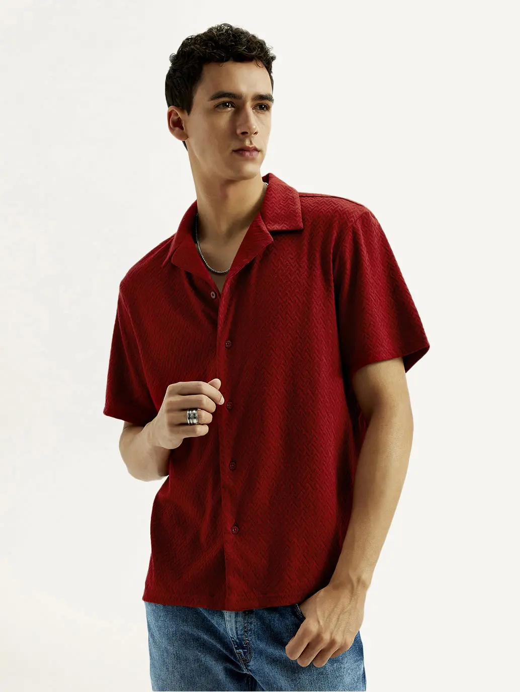 Men's Textured Slim Fit Resort Collar Knit Shirt 1