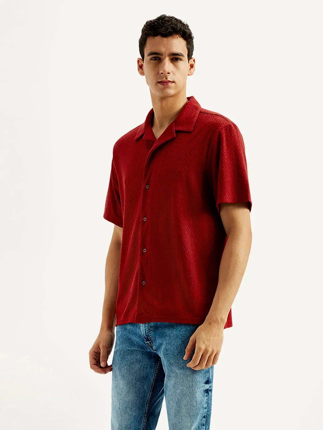 Men's Textured Slim Fit Resort Collar Knit Shirt 5