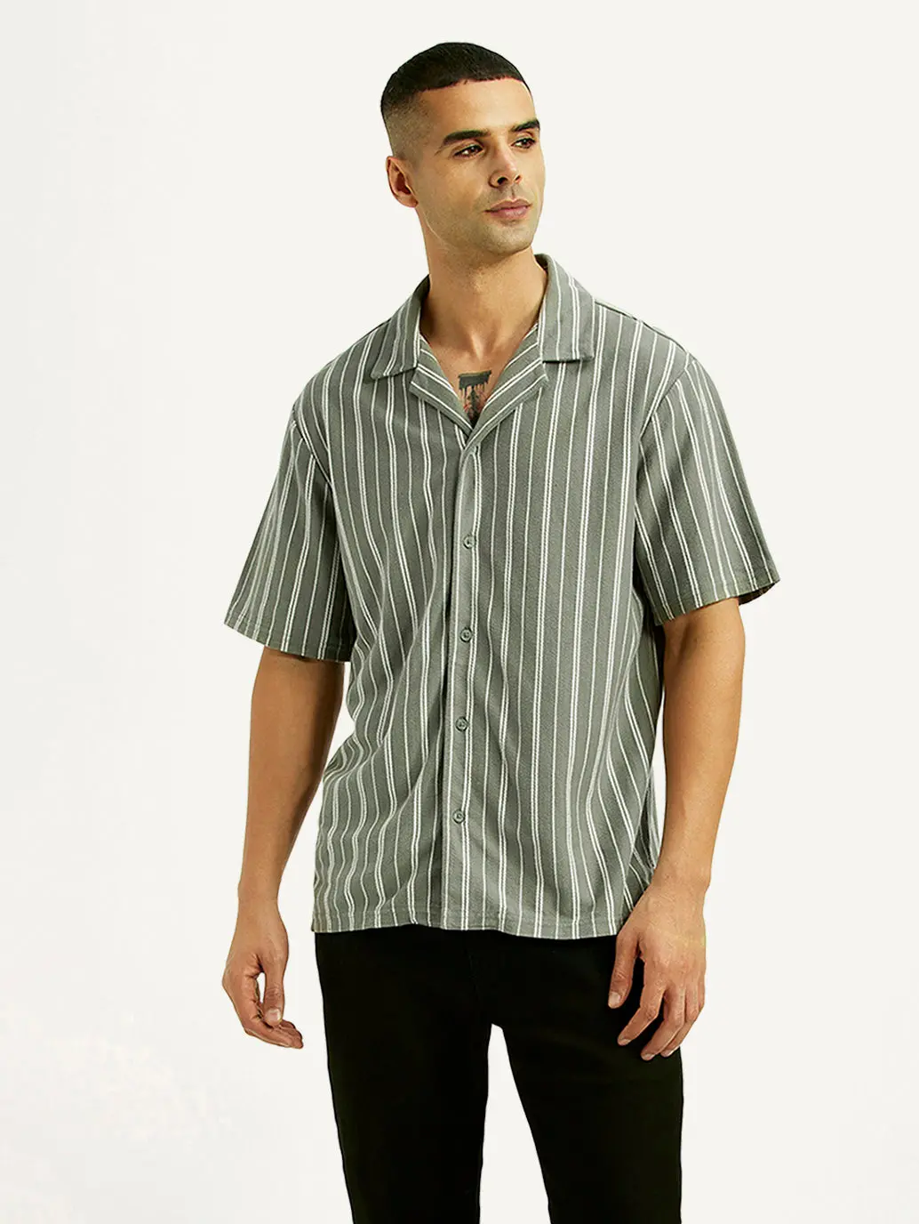 Men's Striped Olive Relaxed Fit Camp Shirt 1