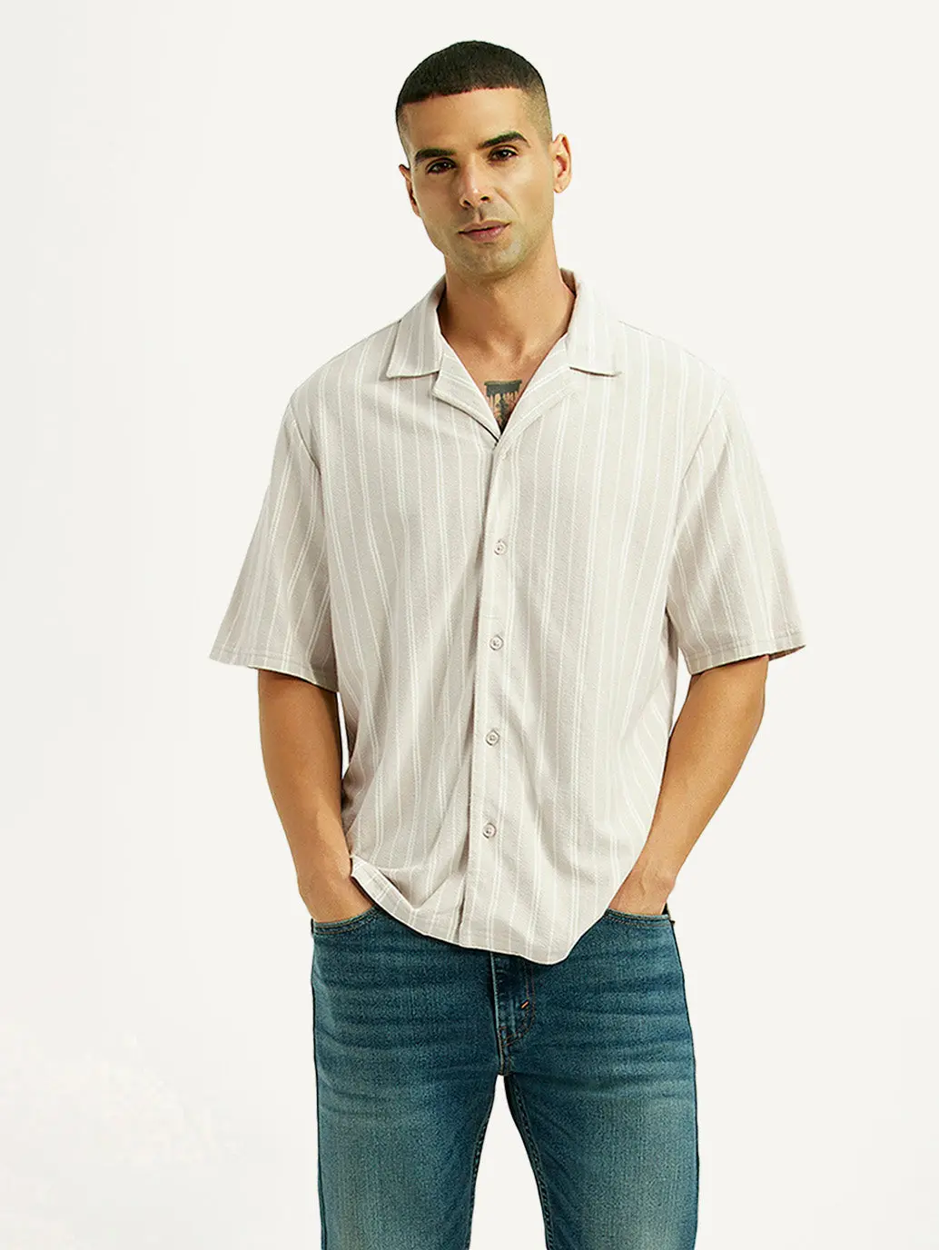 Men's Striped Off White Relaxed Fit Camp Shirt 1