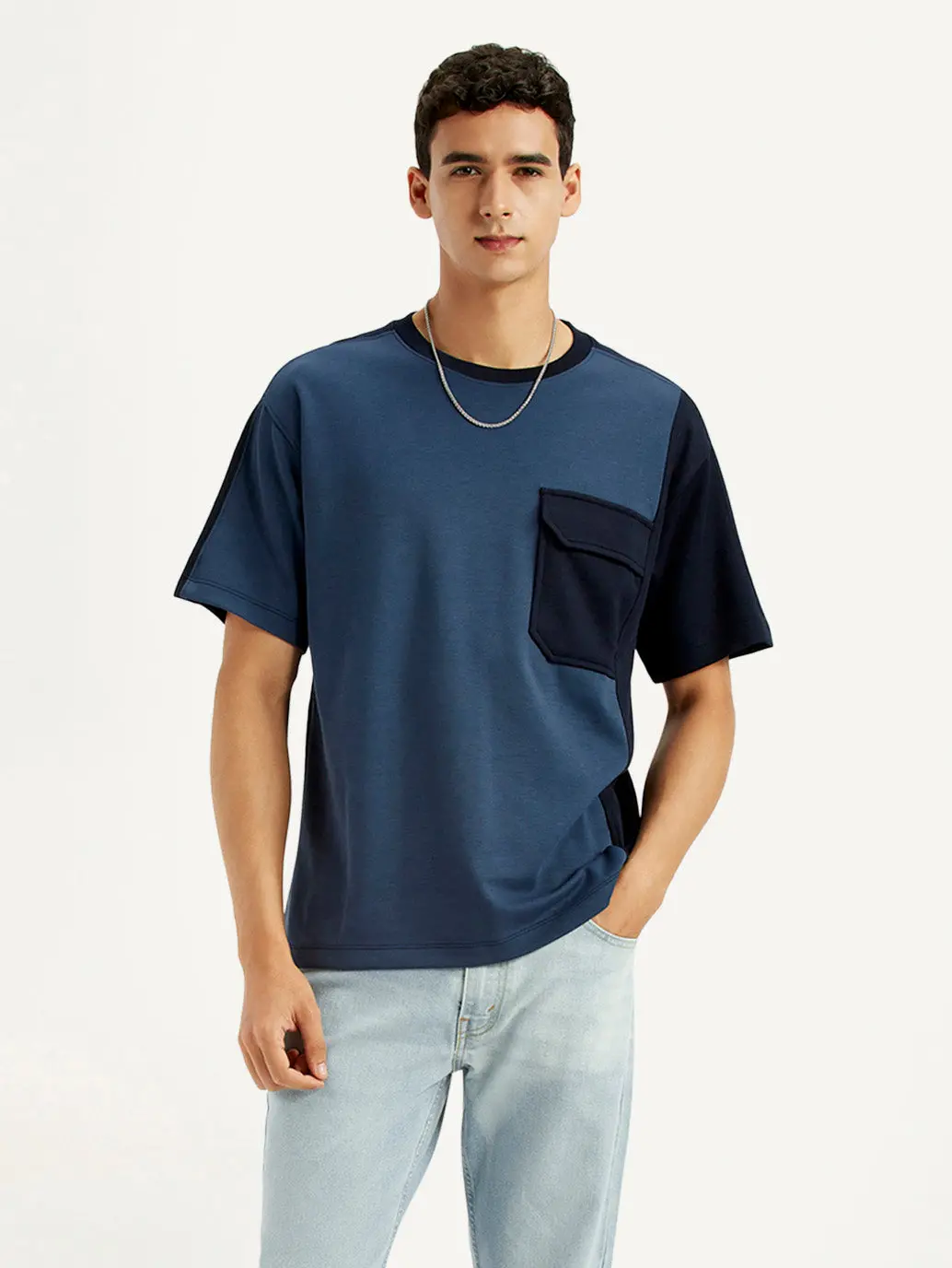 Men's Colorblock Blue Crew Neck T-Shirt 1