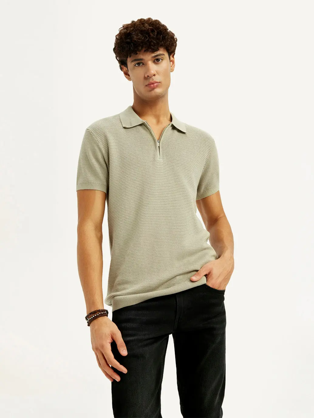 Men's Textured Beige Slim Fit Polo T-Shirt 1