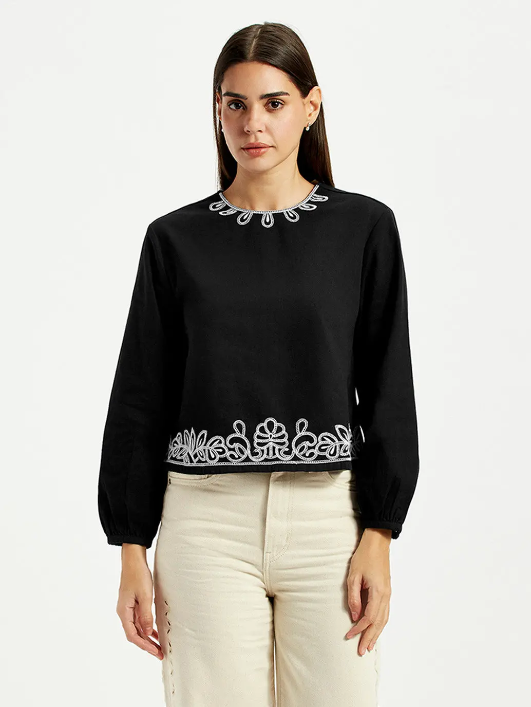 Women's Embroidered Black Round Neck Top 1