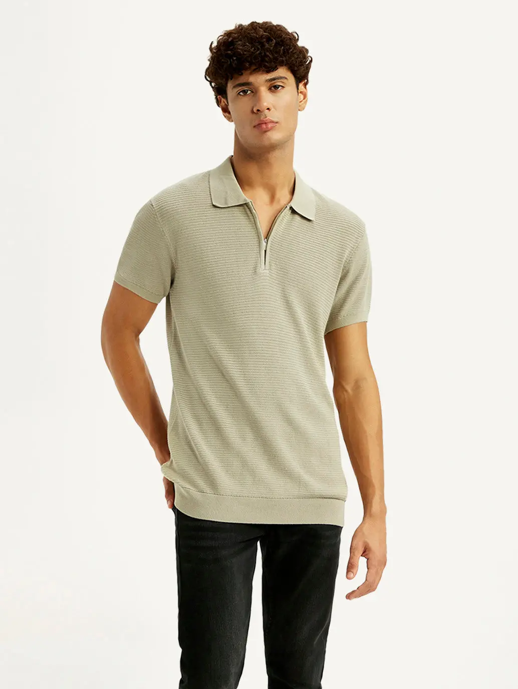 Men's Textured Beige Slim Fit Polo T-Shirt 2