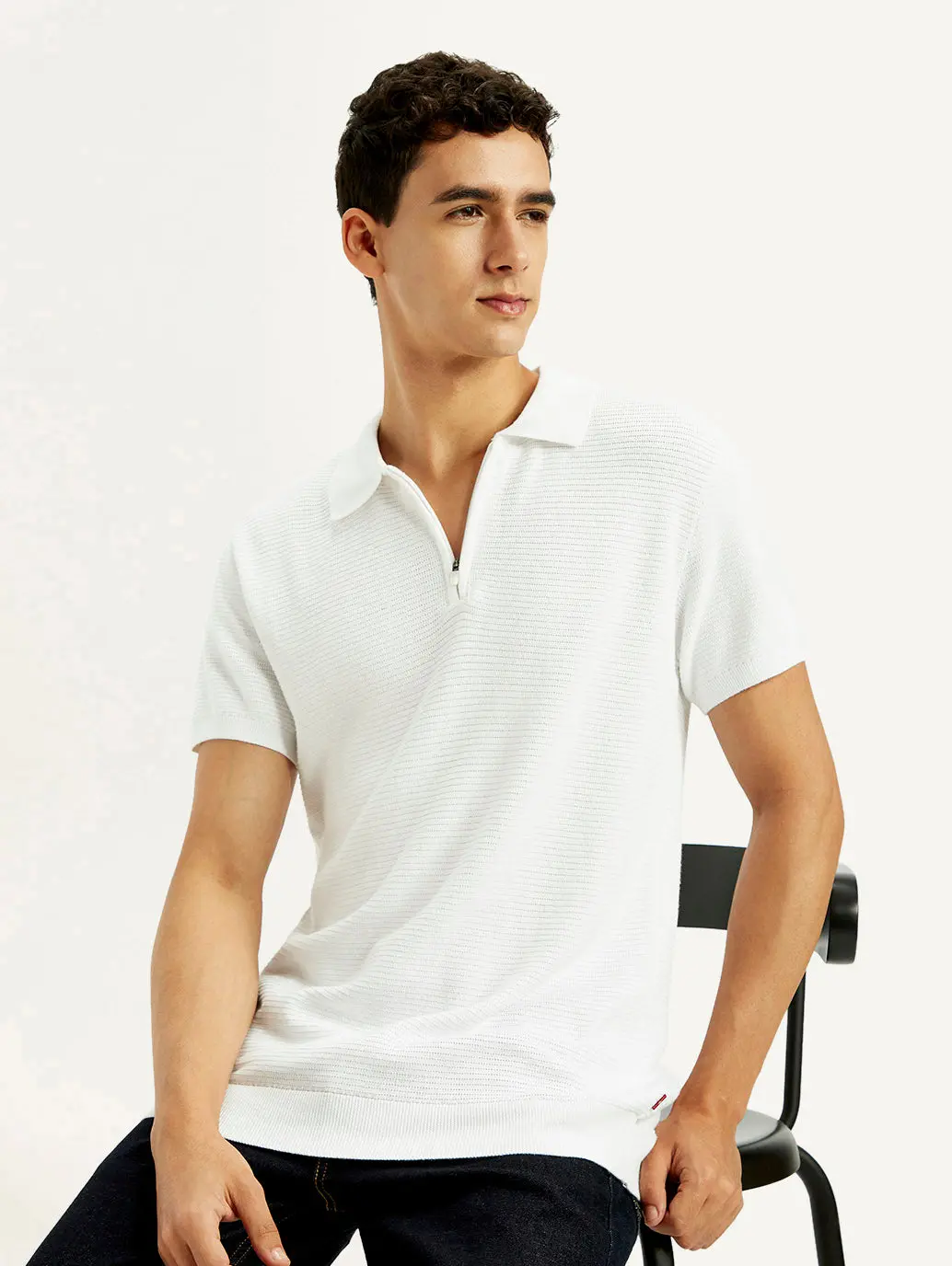 Men's Textured White Slim Fit Polo T-Shirt 1