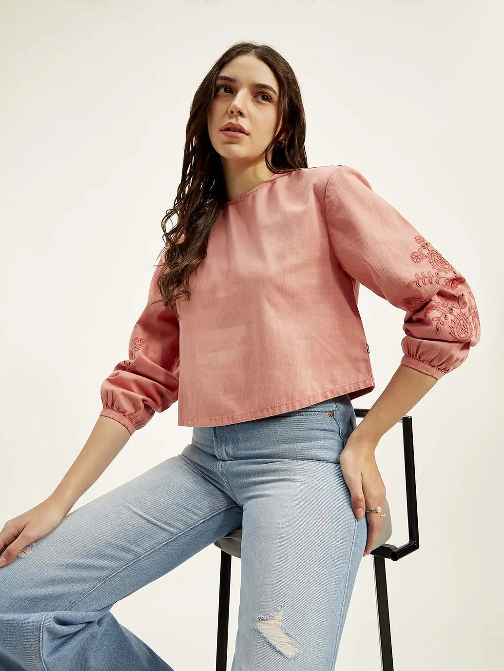Women's Embroidered Coral Round Neck Top 1