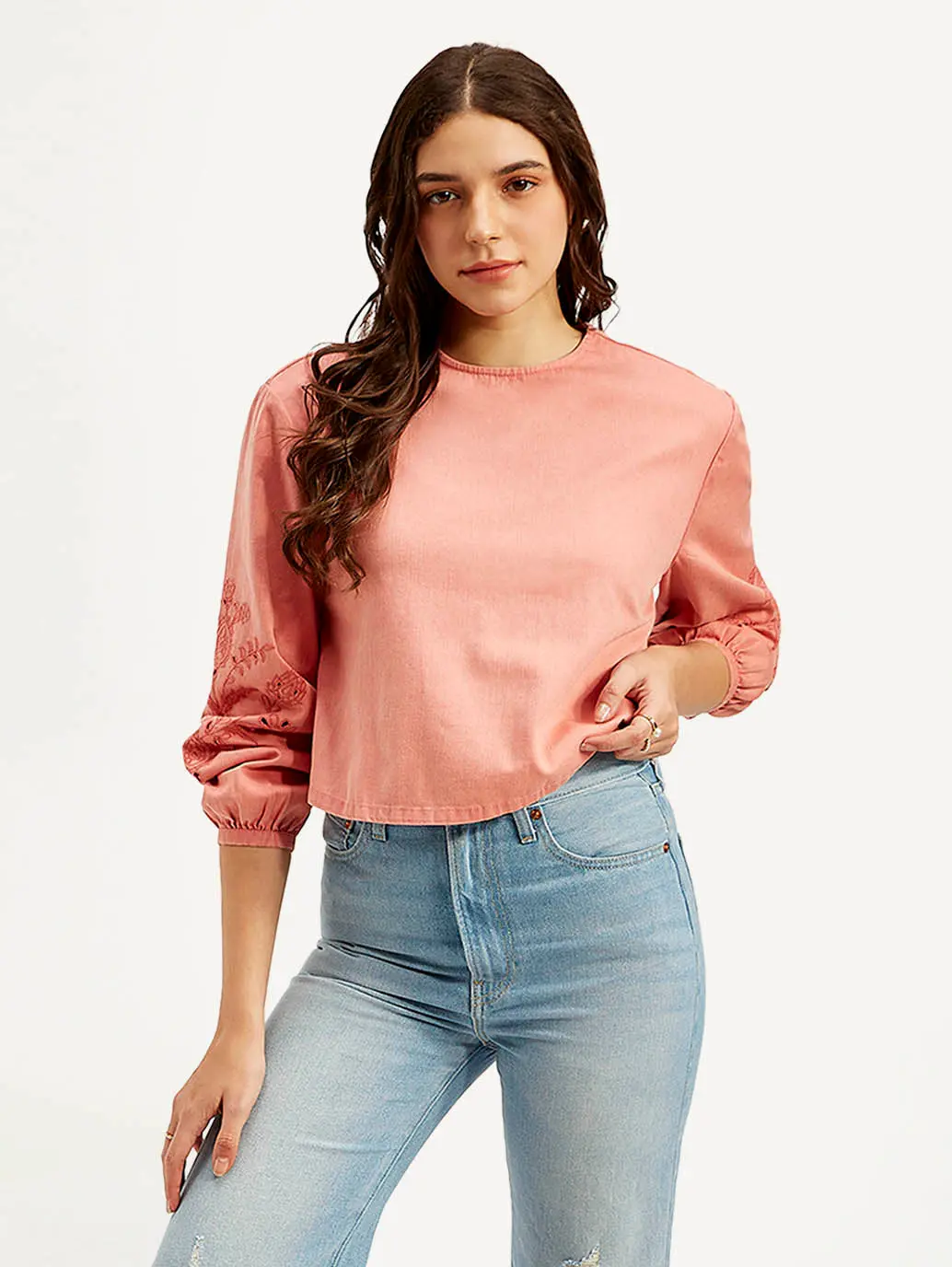 Women's Embroidered Coral Round Neck Top 2