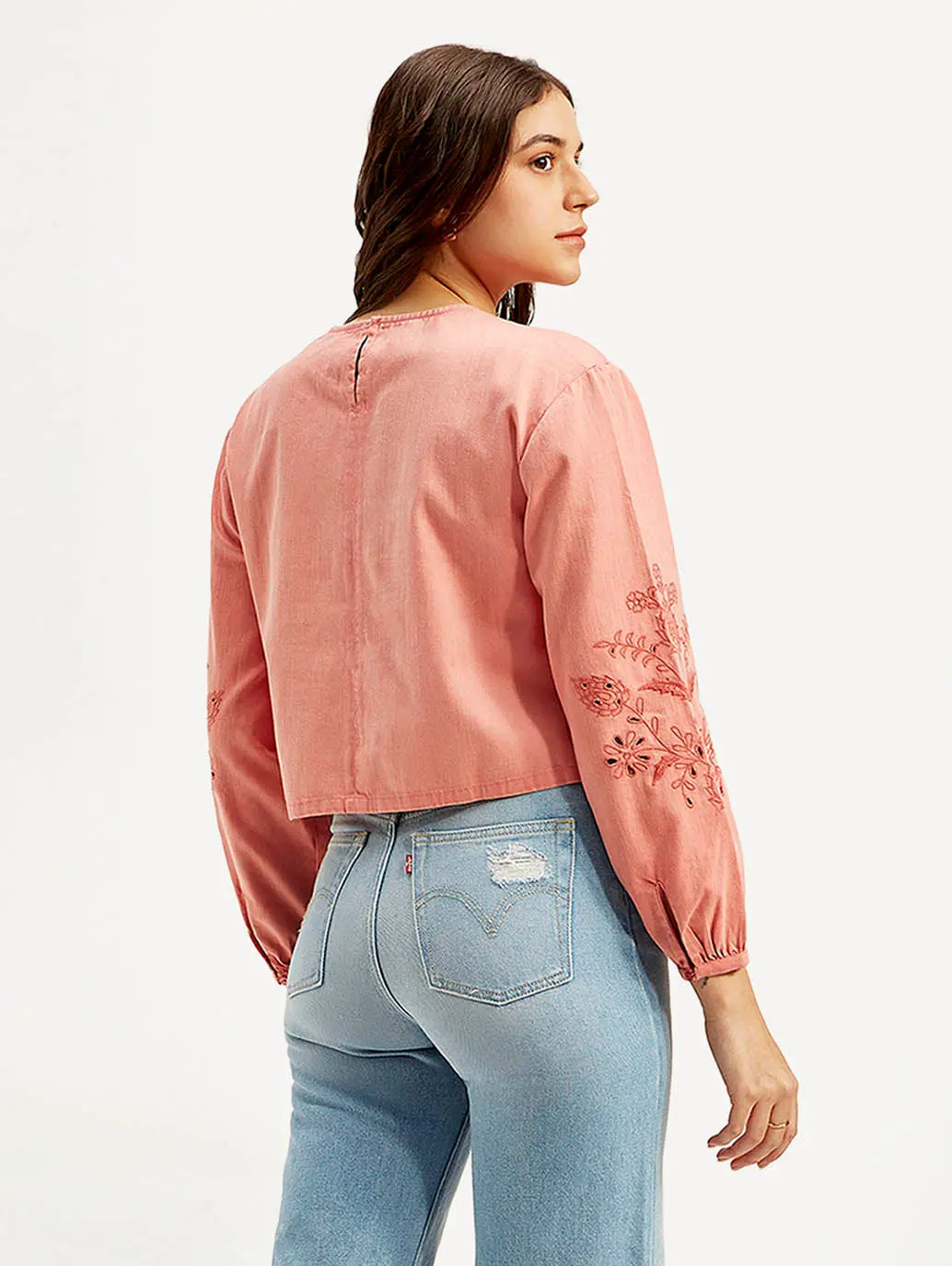 Women's Embroidered Coral Round Neck Top 4