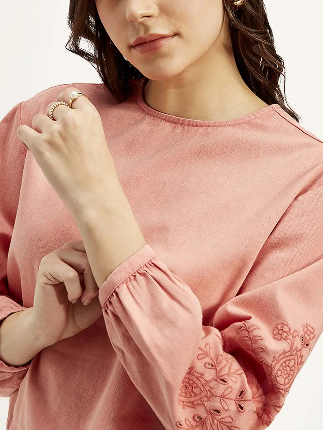 Women's Embroidered Coral Round Neck Top 5