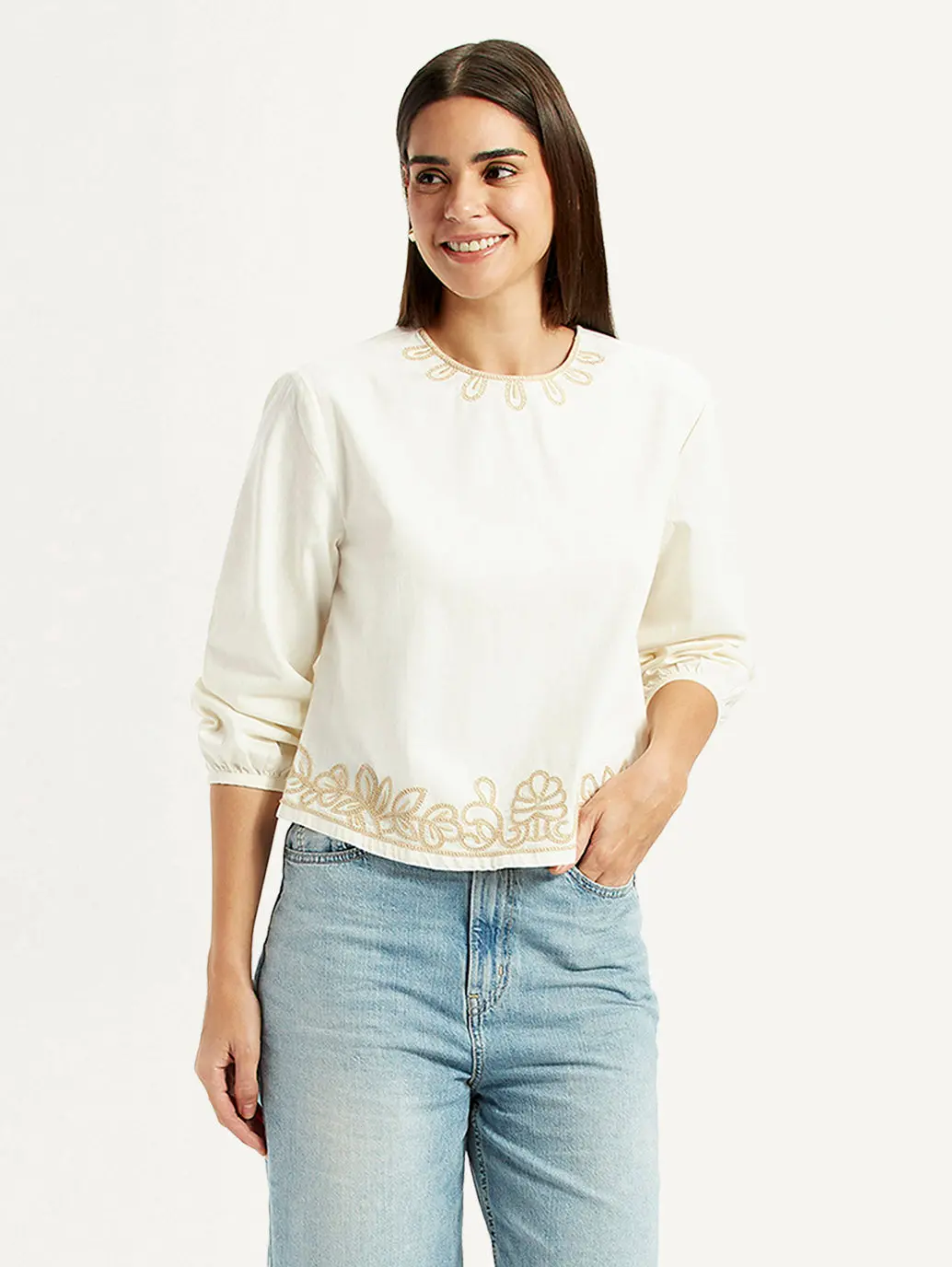 Women's Embroidered Off White Round Neck Top 1