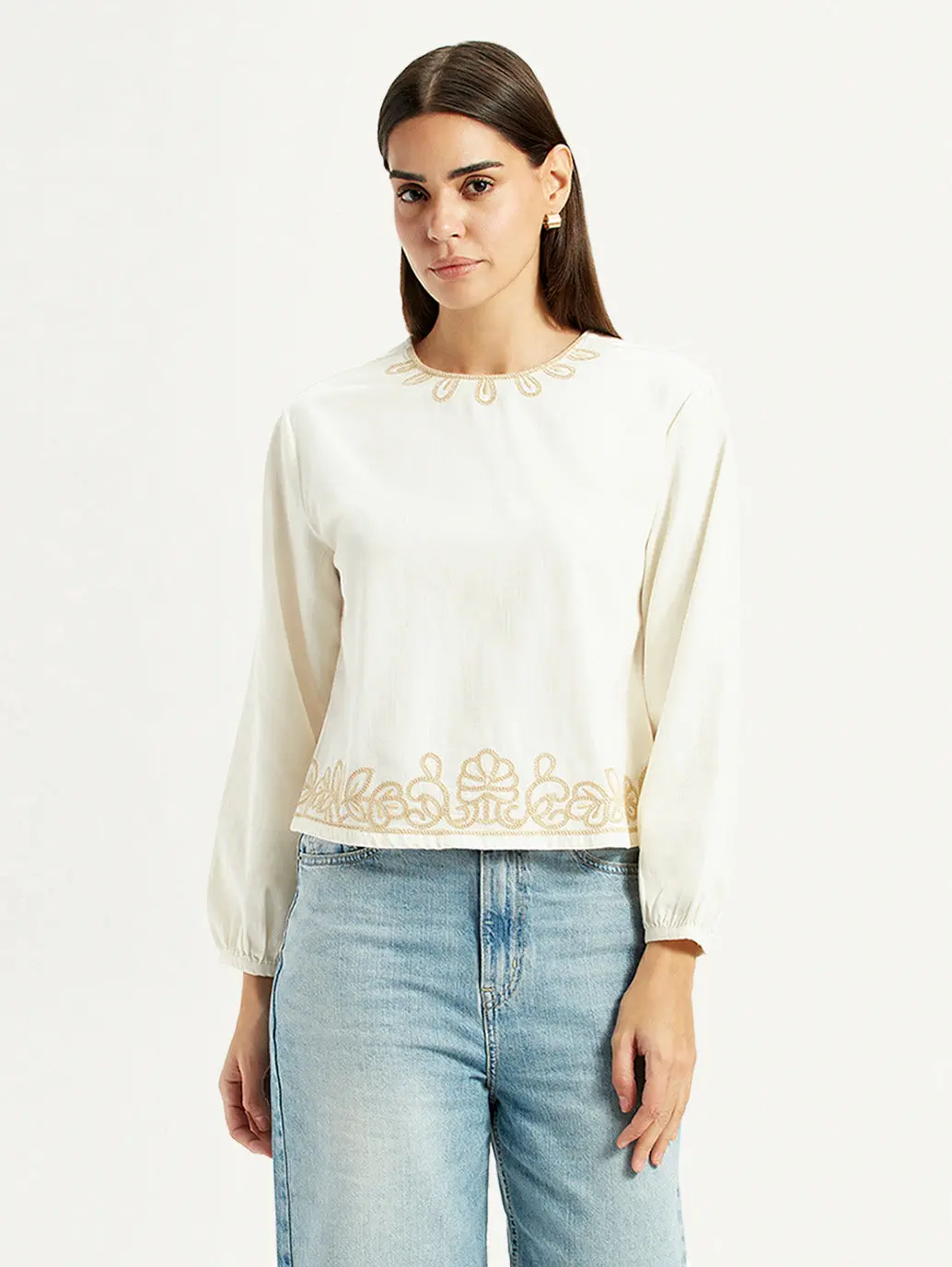 Women's Embroidered Off White Round Neck Top 2