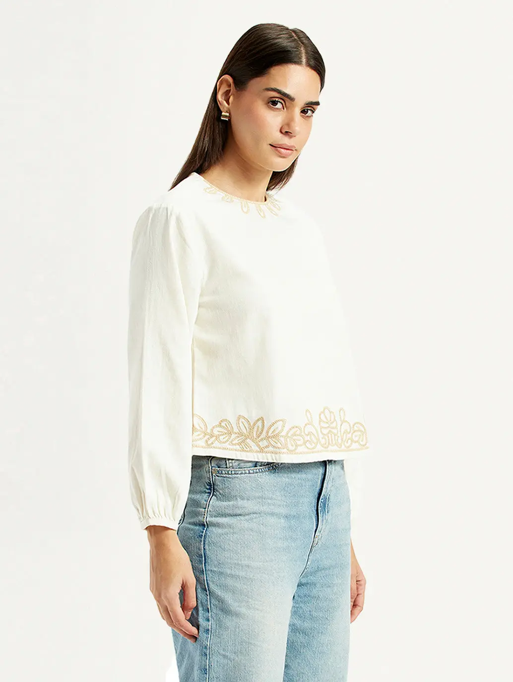 Women's Embroidered Off White Round Neck Top 5