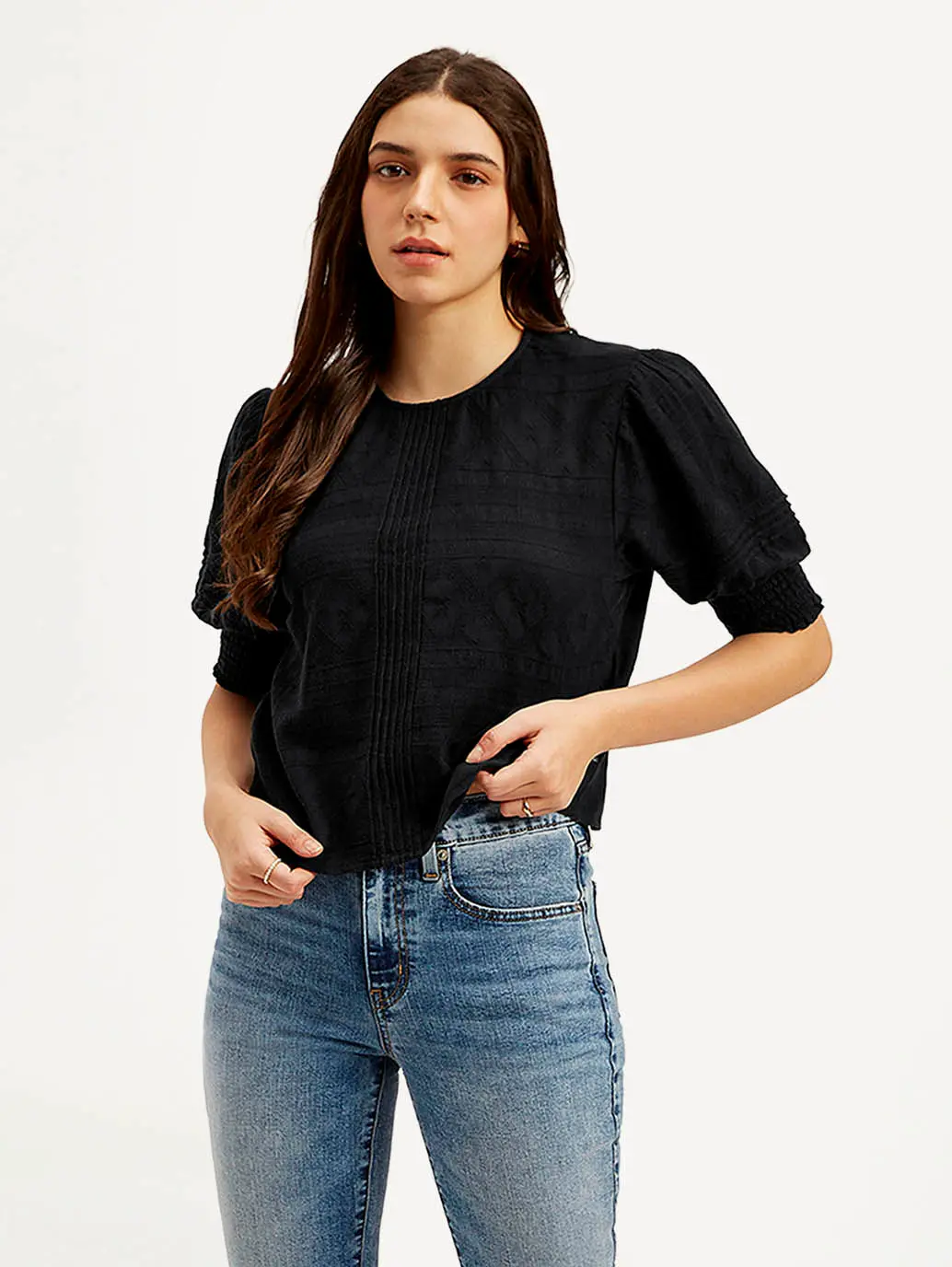 Women's Textured Black Round Neck Top 1