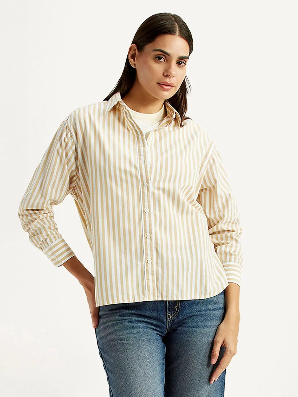 Women's Striped Beige Relaxed Fit Poplin Shirt 1