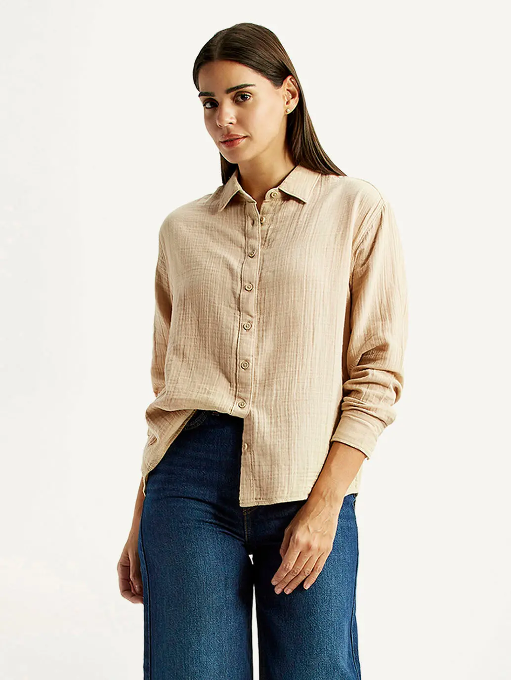 Women's Textured Beige Relaxed Fit Shirt 1
