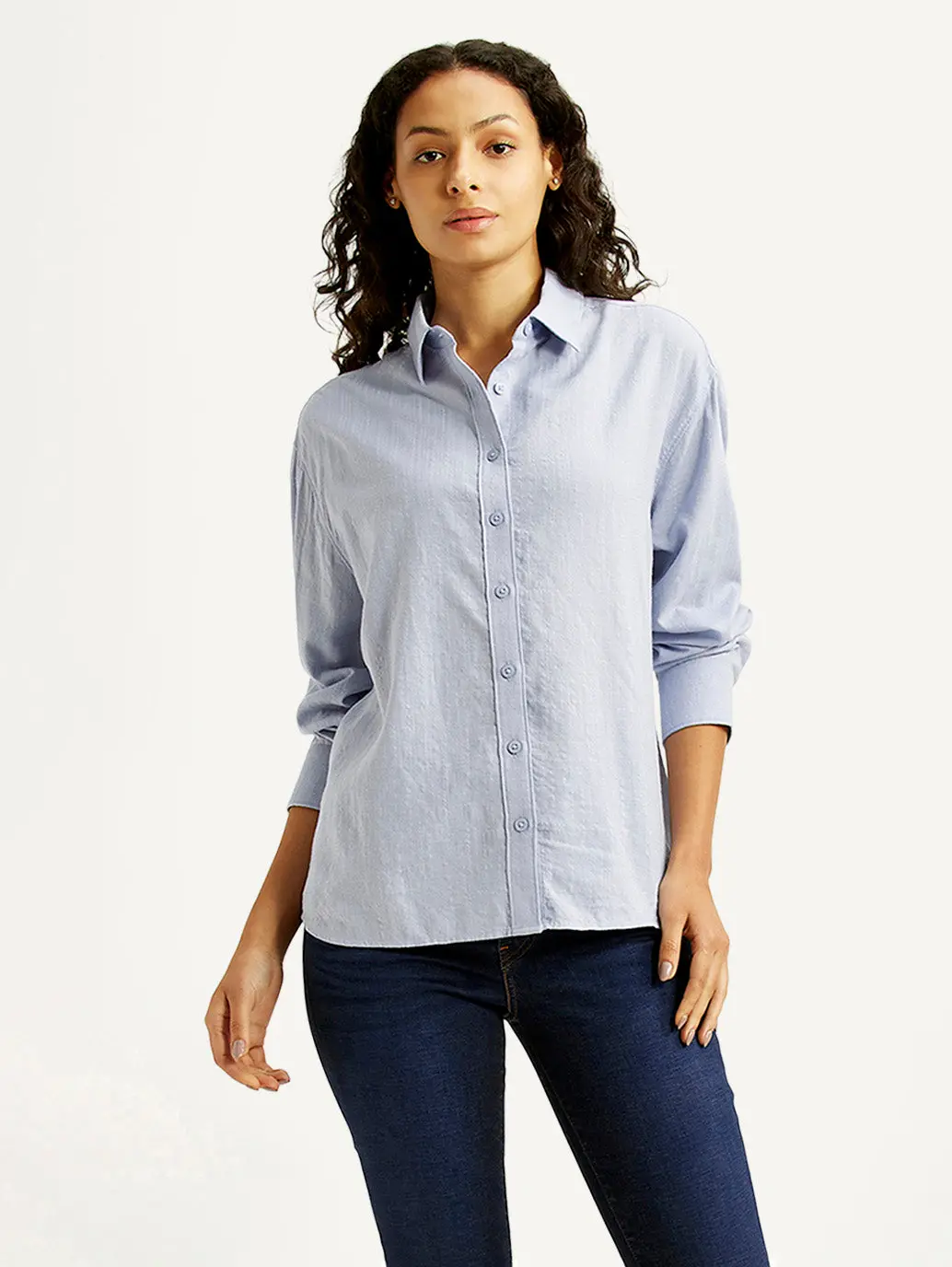 Women's Textured Light Blue Relaxed Fit Shirt 1