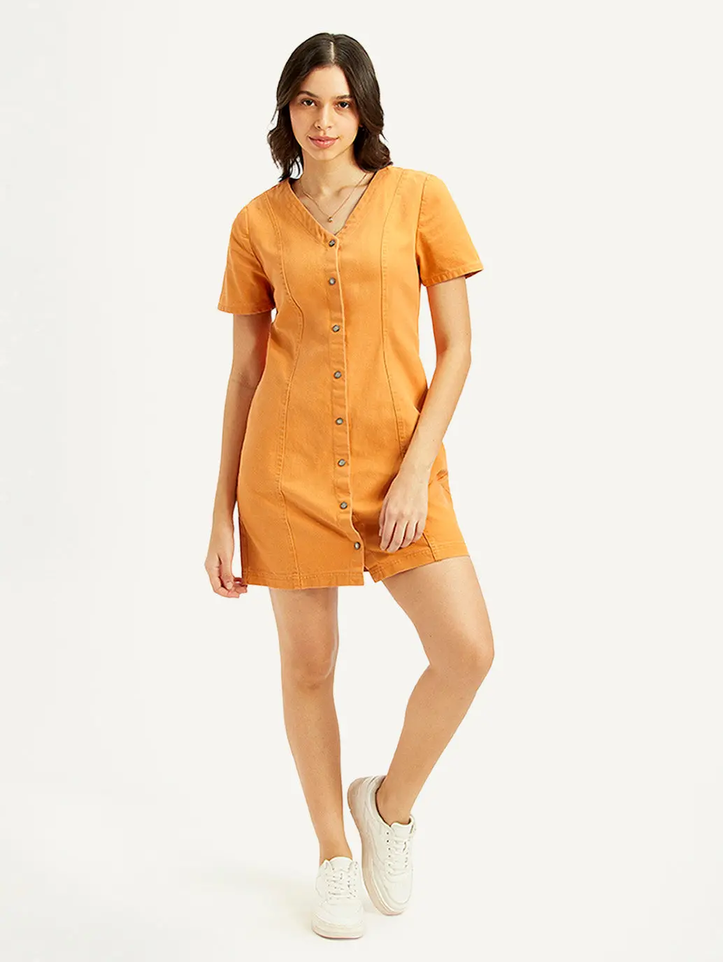 Women's Solid Orange V-Neck Dress 1