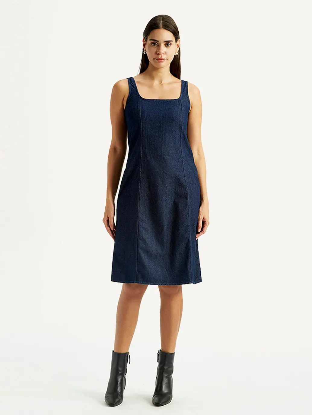 Women's Solid Dark Blue Square Neck Dress 1