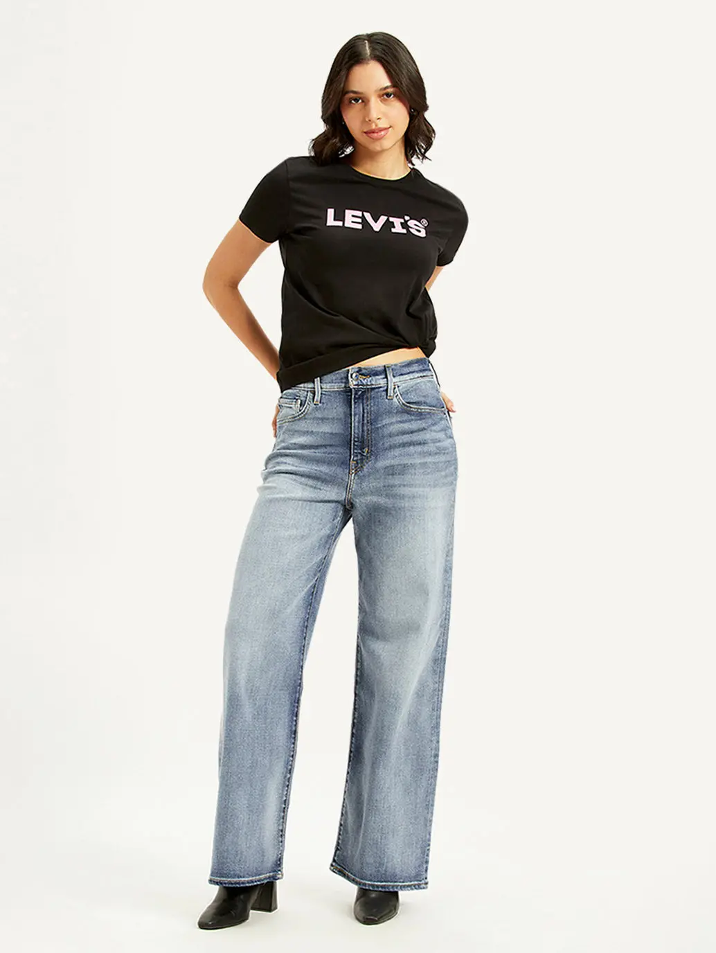 Women's Light Blue Ribcage Bell Bottom Wide Leg Fit High Rise Jeans 1