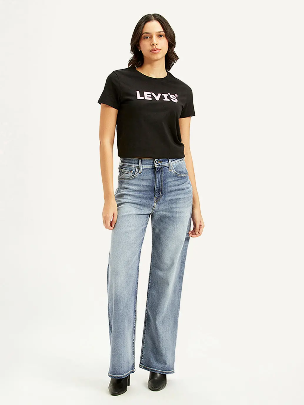 Women's Light Blue Ribcage Bell Bottom Wide Leg Fit High Rise Jeans 2