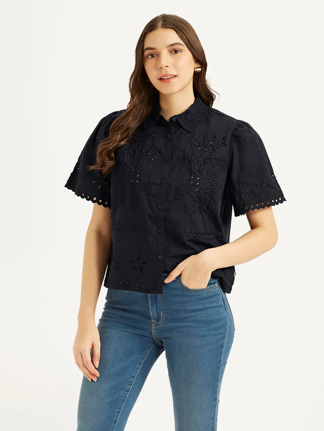 Women's Self Design Spread Collar Shirt 1