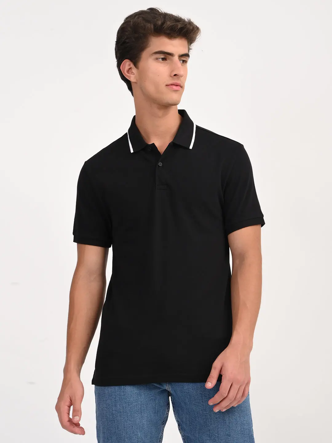 Men's Solid Black Slim Fit Polo T-Shirt 2