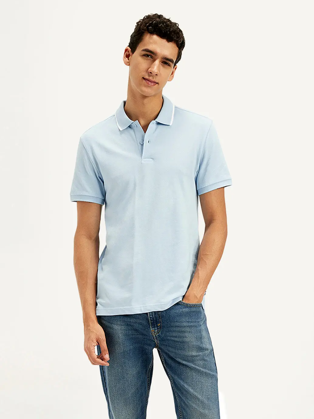 Men's Solid Light Blue Slim Fit Polo T-Shirt 1