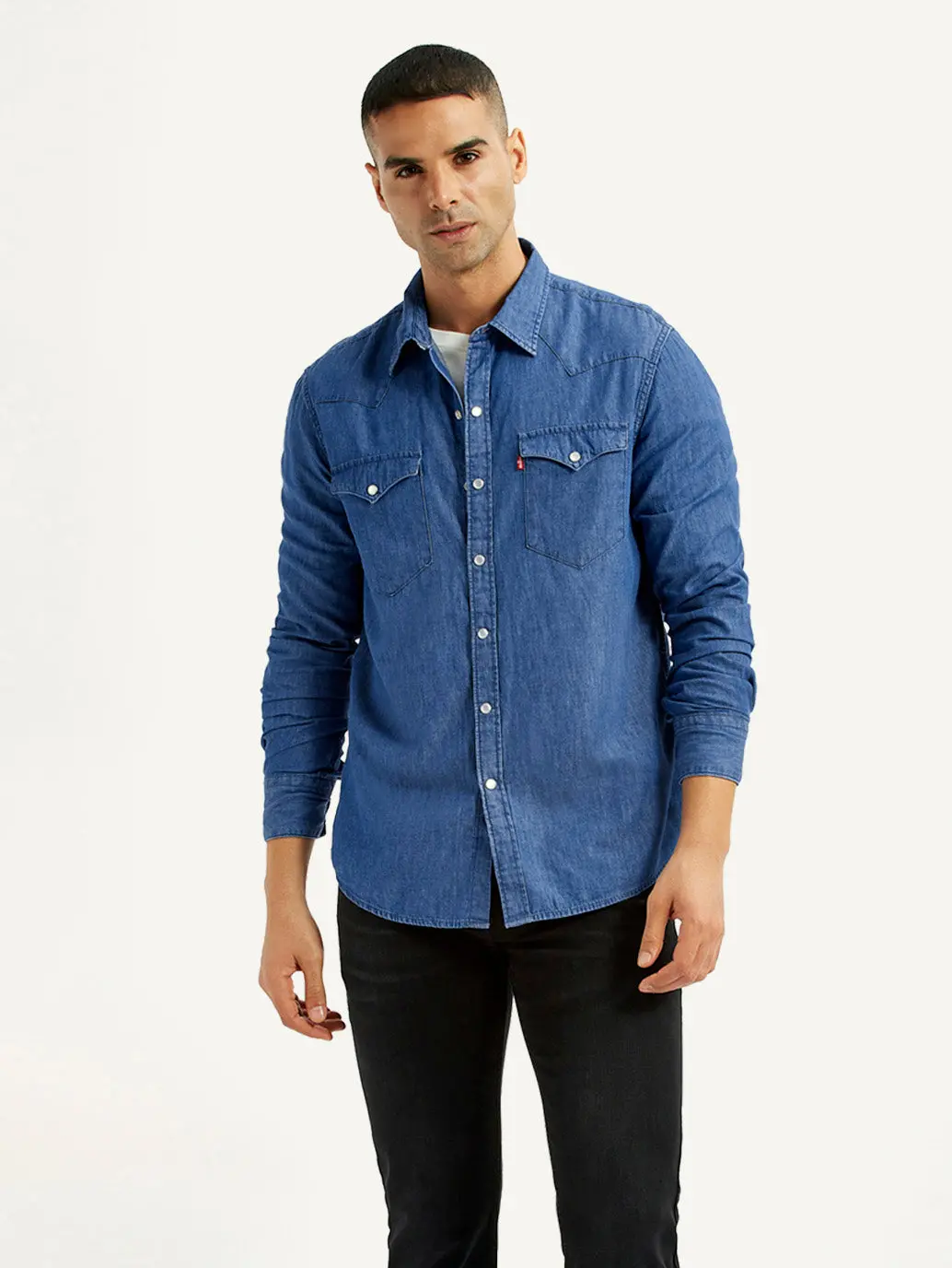 Men's Solid Blue Slim Fit Denim Shirt 1