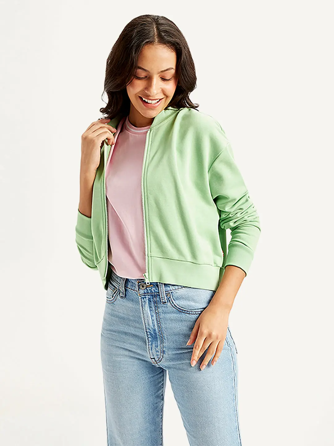 Women's Brand Logo Green Baseball Collar Neck Sweatshirt 1