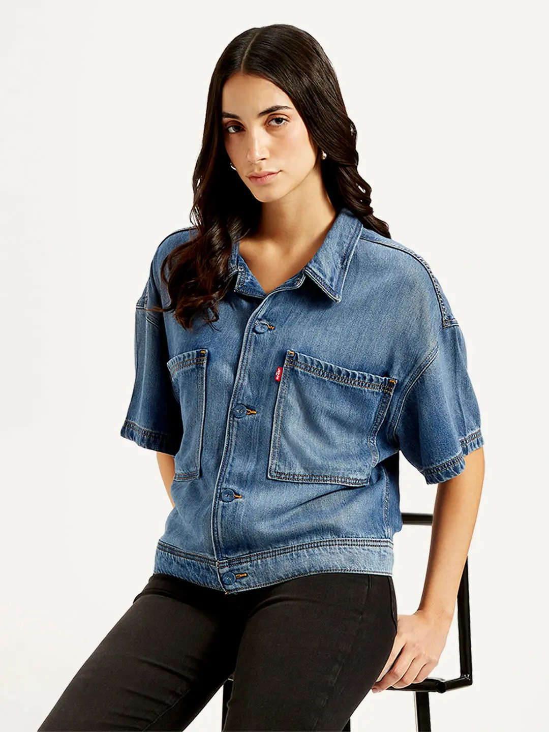 Women's Solid Blue Spread Collar Denim Trucker Jacket 1