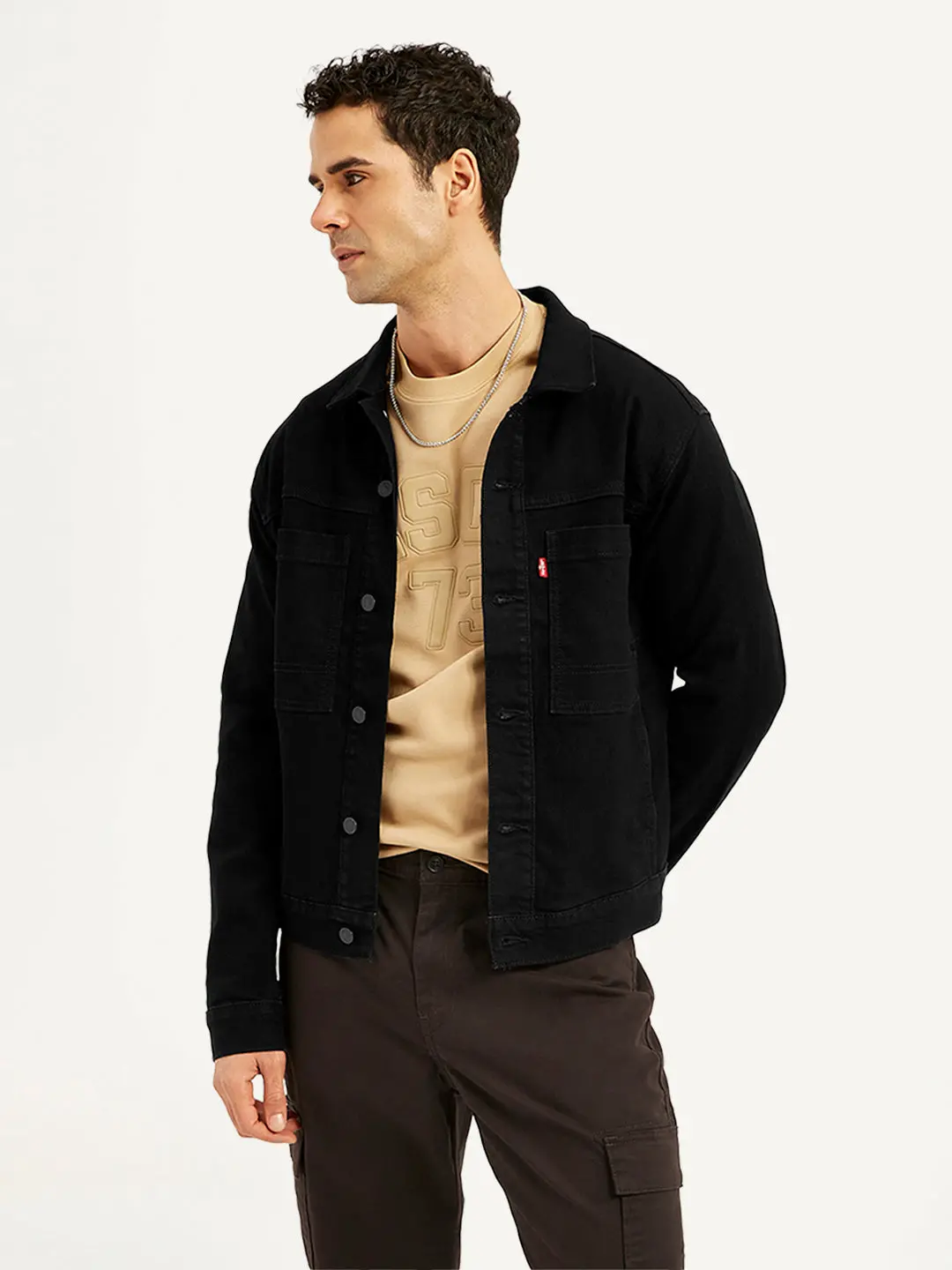 Men's Solid Black Spread Collar Denim Jacket 1