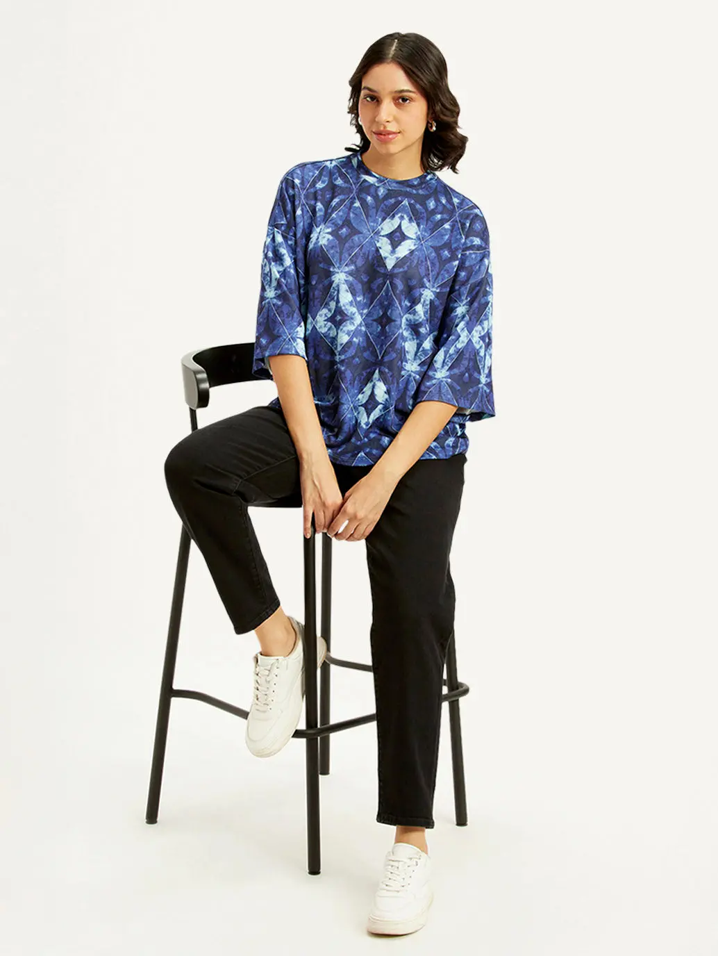 Women's Printed Blue Round Neck Top 1
