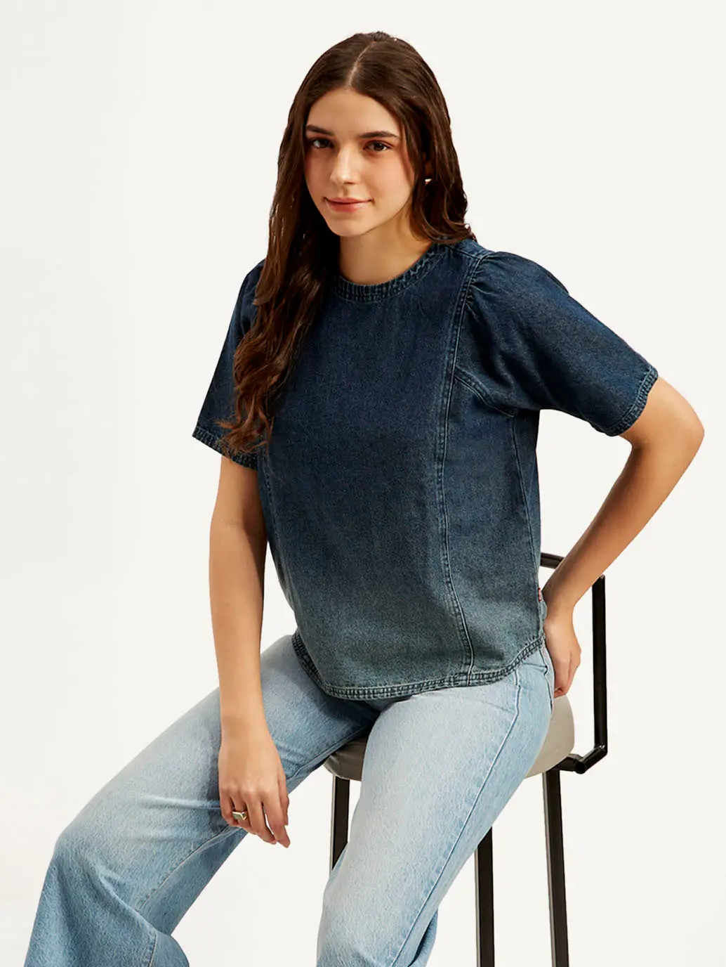 Women's Ombre Blue Round Neck Top 1