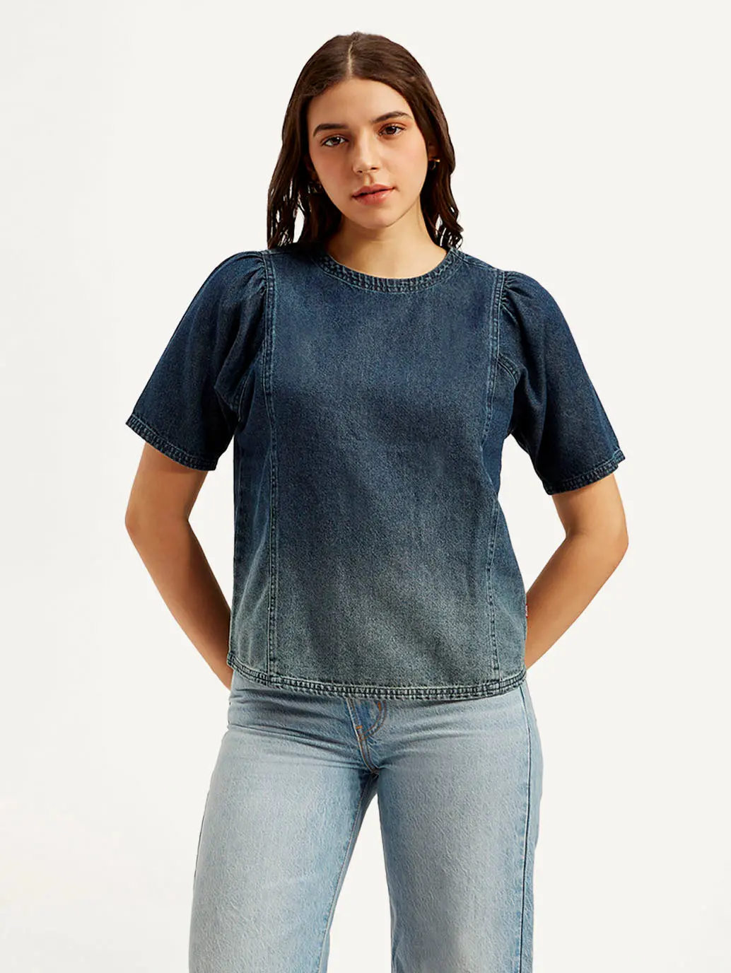 Women's Ombre Blue Round Neck Top 2