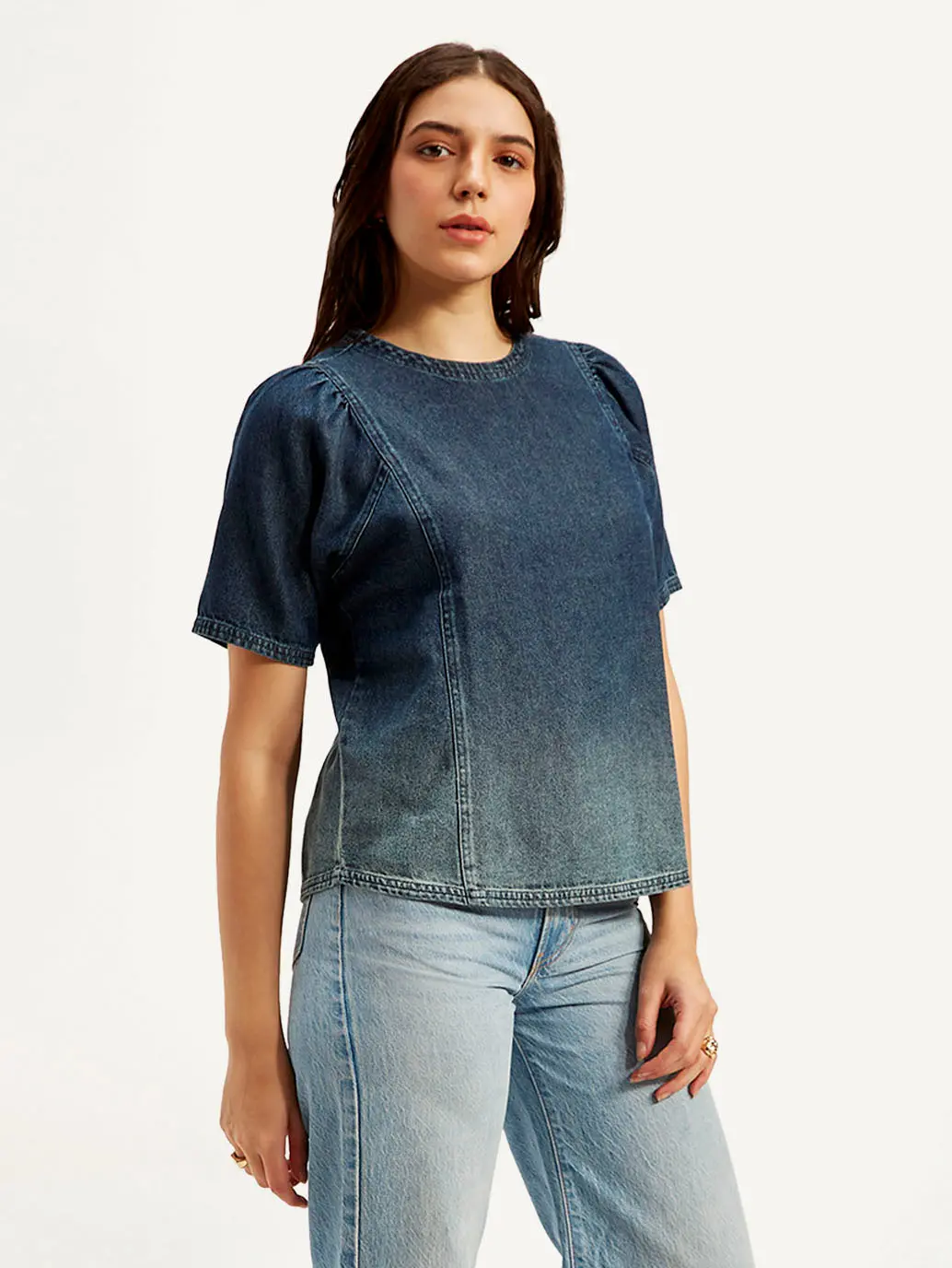 Women's Ombre Blue Round Neck Top 5