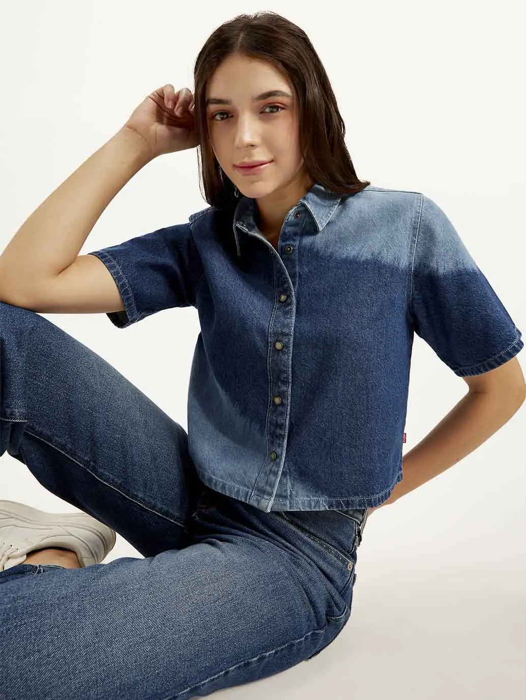Women's Colorblock Spread Collar Denim Shirt 1